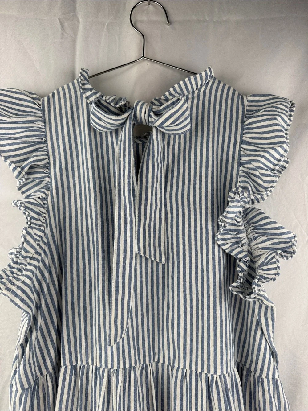 Mudpie Blue & White Striped Tiered Ruffle Sleeve Tie Back Size Large Kids Dress